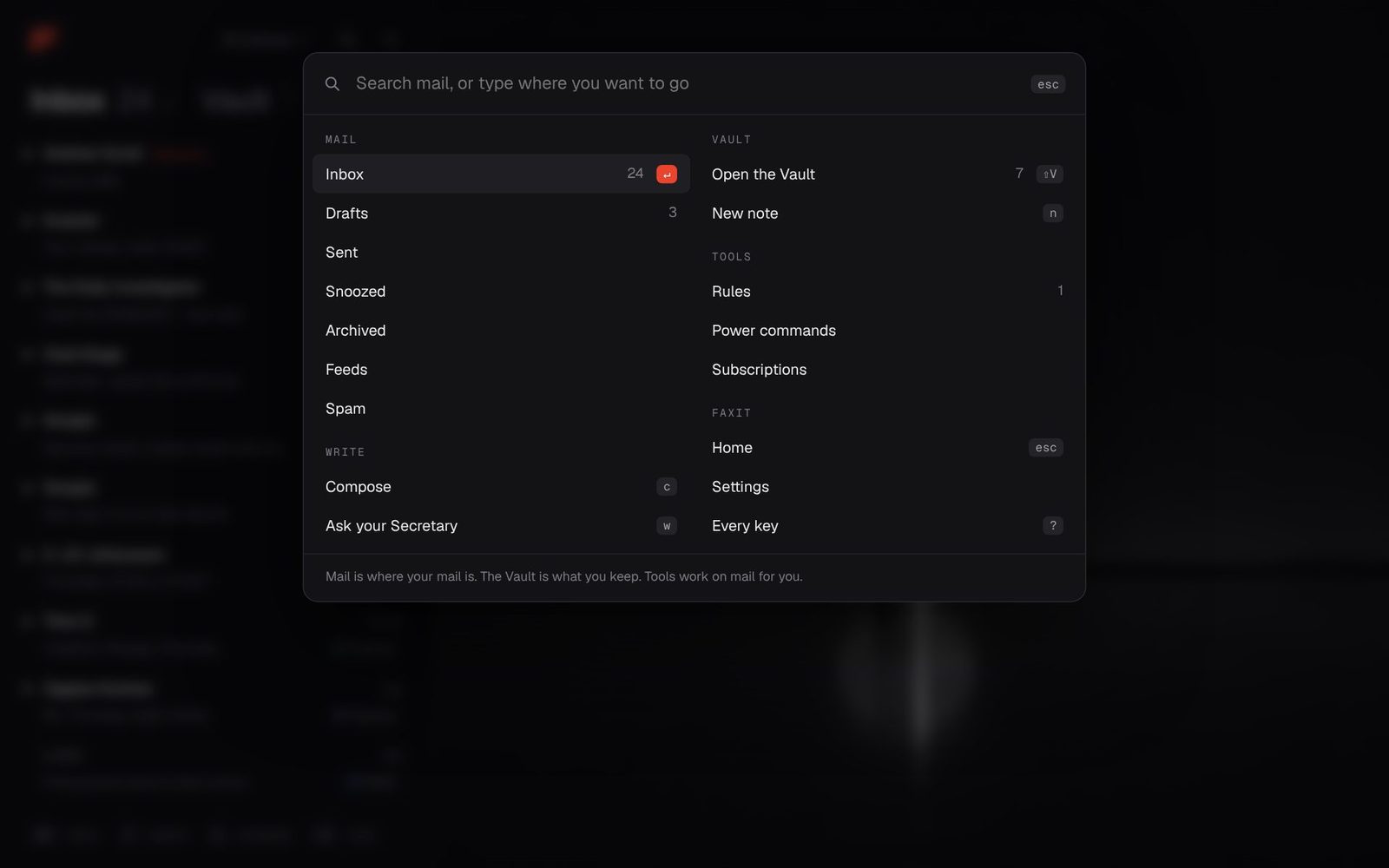 The command palette, open over the inbox